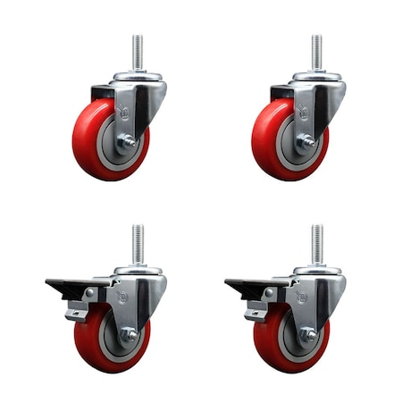 Service Caster 35 Inch Red Polyurethane Wheel Swivel 34 Inch Threaded Stem Caster Set 2 Brakes SCC SCC-TS20S3514-PPUB-RED-34212-2-PLB-2